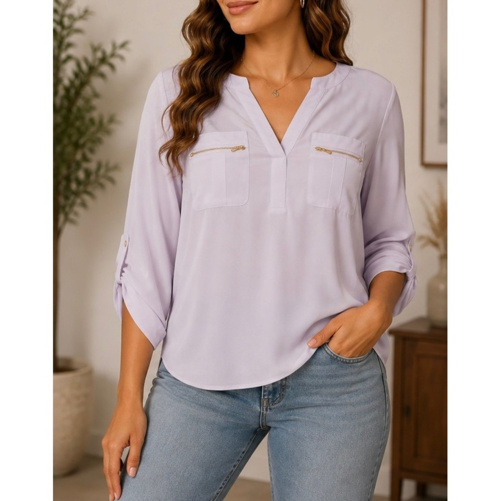Lavender V-Neck Roll Tab Sleeve Blouse with Gold Zipper Pockets Lavender